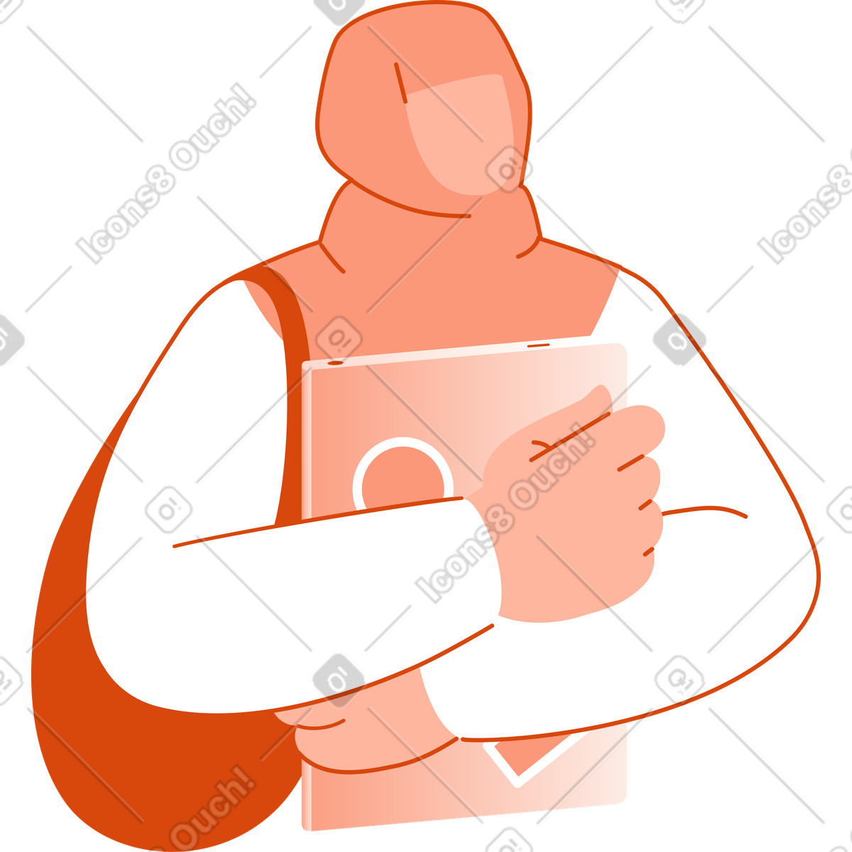 Female student in a hijab with a bag and a laptop in her hands illustration in Orange style download in PNG, SVG