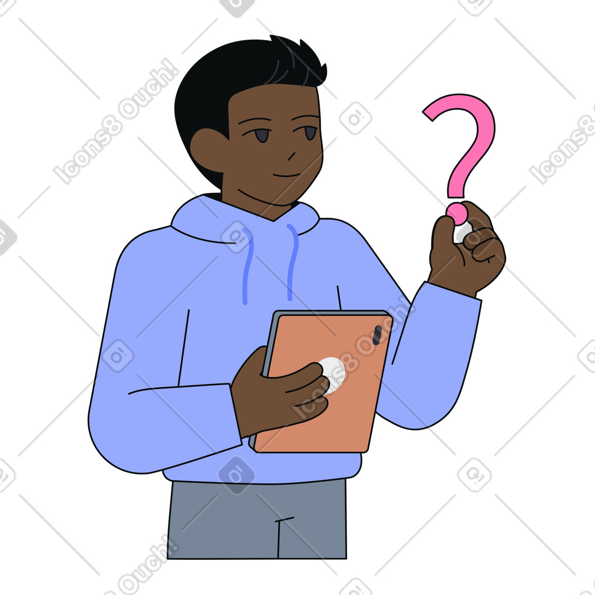 Person holding tablet and asking question, customer support and problem solving illustration in Teko style download in PNG, SVG