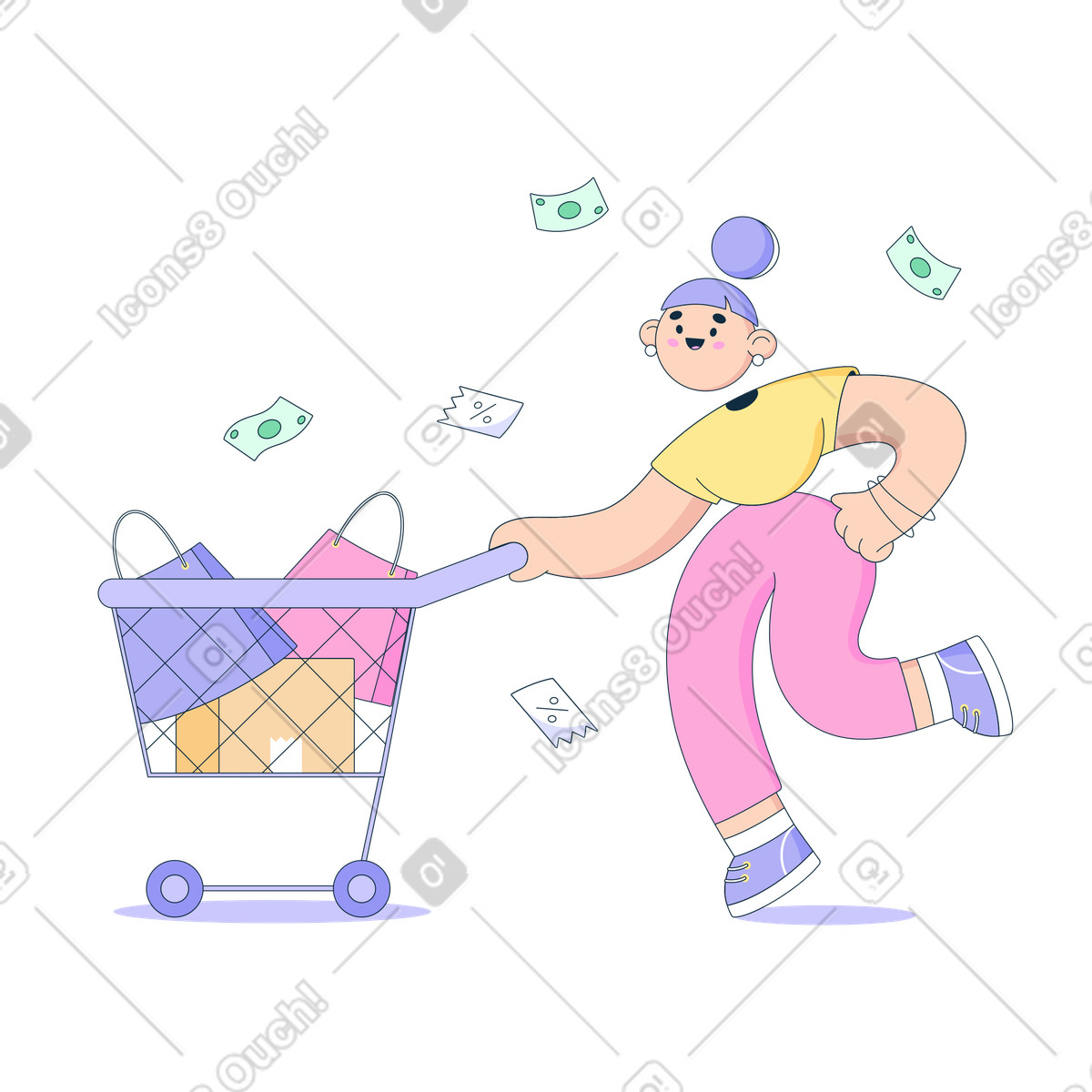 Ilustración Mujer feliz empujando carrito de compras lleno en estilo Bubble gum a descargar en PNG y SVG