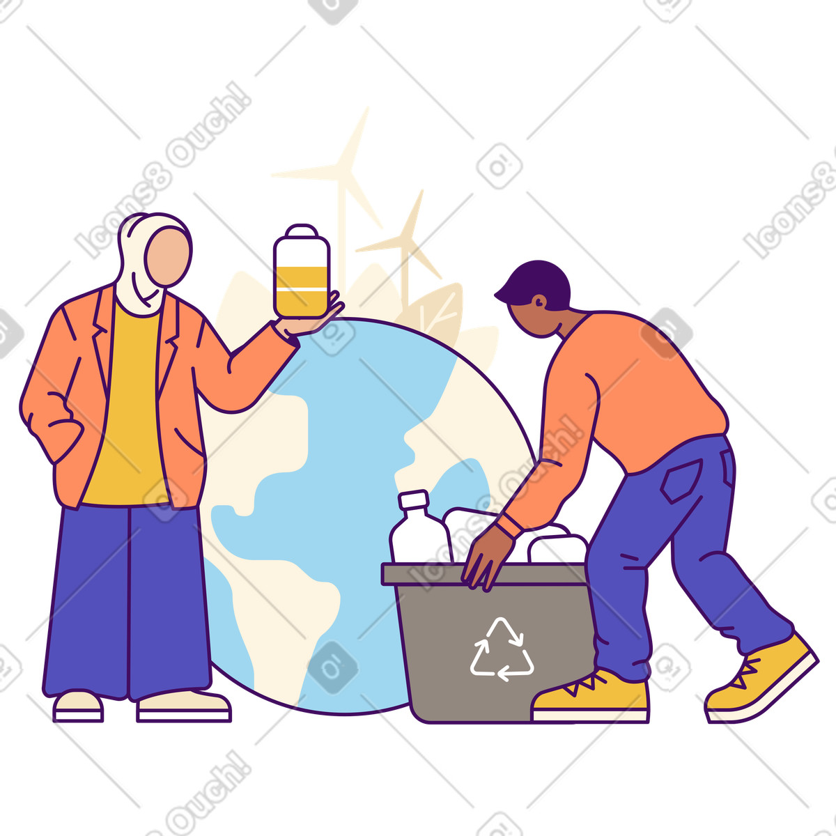 Eco-conscious team recycling and using renewable energy, Green initiatives and waste management illustration in Simplistic style download in PNG, SVG