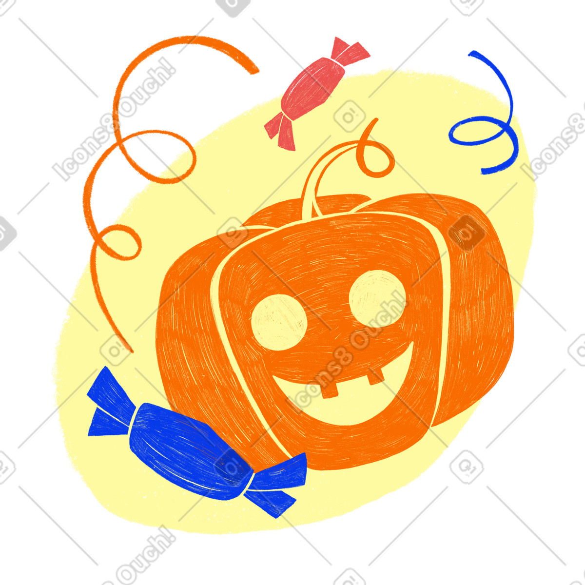 Fun orange pumpkin with candy and confetti for halloween illustration in Biro style download in PNG, SVG
