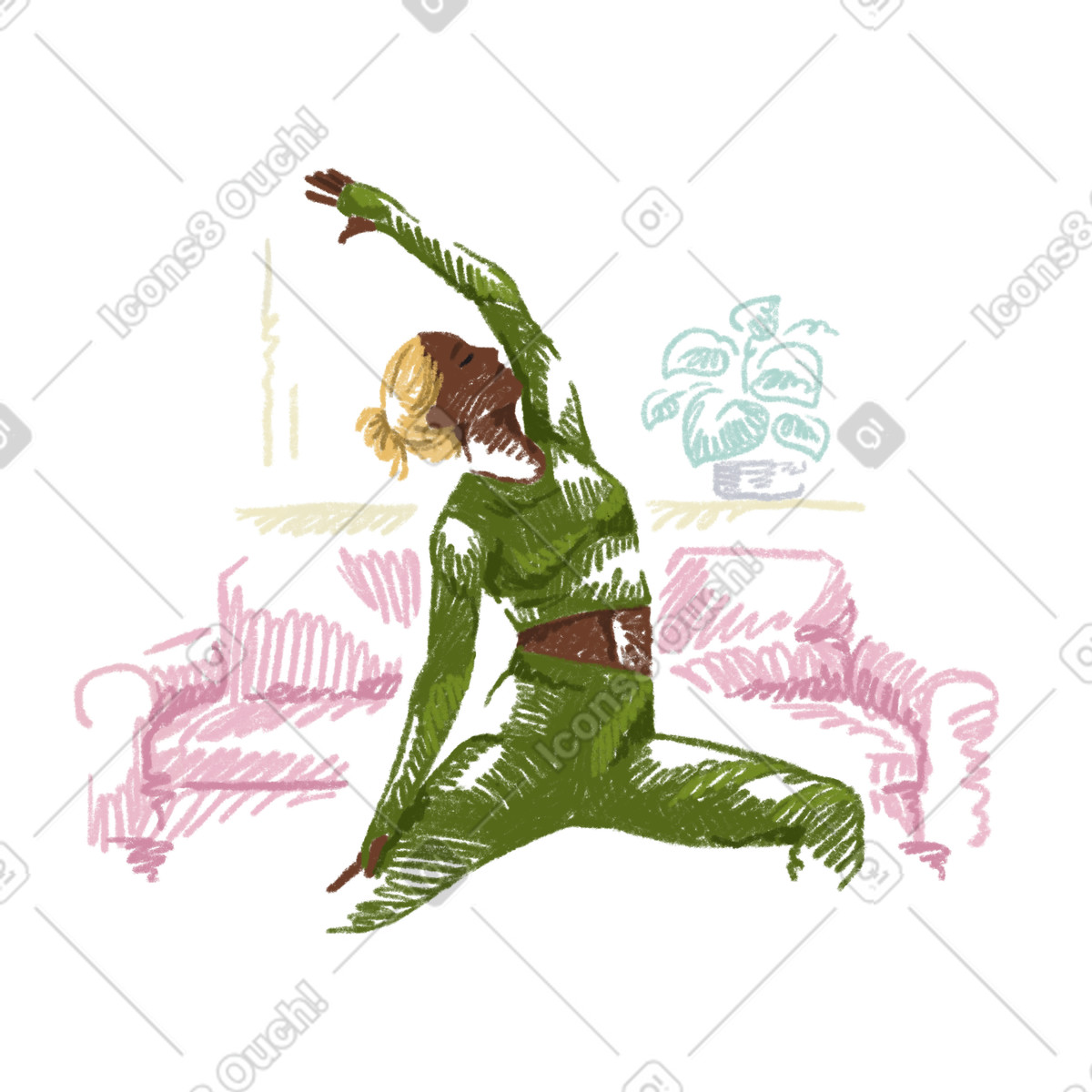 Анимированная иллюстрация Stretching in the living room, Stress relief and flexibility training в стиле Sketchbook — скачать в форматах GIF, Lottie (JSON), AE