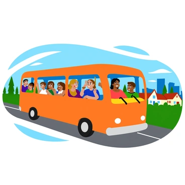 A colorful bus filled with diverse families and individuals is traveling along a road. The bus has large windows showcasing smiling faces and various expressions. Children are excitedly looking out the windows, while adults are engaged in conversation. The background features a blend of suburban houses and trees transitioning into taller buildings of the city skyline. The bus is depicted in motion, with the scenery slightly blurred to emphasize speed.