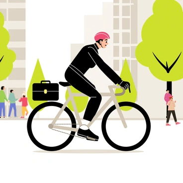 A professional cyclist wearing a bright red helmet and a sleek black cycling outfit is riding a shiny silver bike. The cyclist has a focused expression as they navigate through a city street. A black briefcase is securely strapped to the bike's rear rack. Surrounding the cyclist are tall buildings and green trees, depicting an urban environment. The street is paved with asphalt, and there are a few pedestrians in the background.