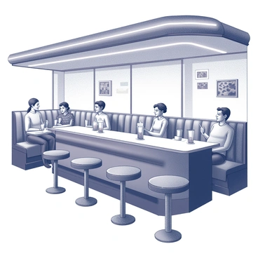 A 1950s diner with sleek chrome finishes and neon lights, filled with patrons enjoying milkshakes.