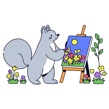 A blaireau with a fluffy grey fur coat is standing on its hind legs, holding a paintbrush in its paws. The blaireau is focused on painting a colorful canvas set up on an easel in a sunny meadow. The canvas displays vivid flowers and a bright blue sky. Surrounding the blaireau are various wildflowers in shades of yellow, purple, and red. The scene has a few trees in the background, with green leaves swaying gently in the breeze.