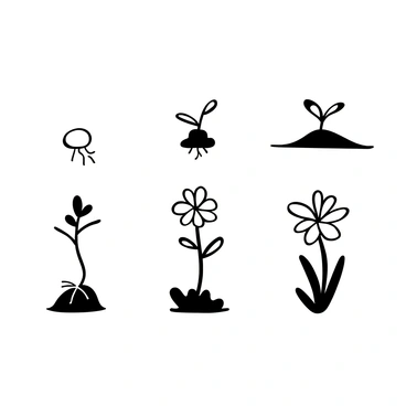 A series of five illustrations depicting the growth stages of a cornflower. The first illustration shows a small seed nestled in soil with roots beginning to sprout. The second illustration features a sprouting plant with two green leaves breaking through the soil surface. The third illustration displays a young cornflower plant with several leaves and a developing bud. The fourth illustration presents the plant in full bloom, showcasing a detailed flower with intricate petals radiating from the center. The fifth illustration captures the final stage, where the flower begins to wilt, with petals dropping and seeds forming. Each illustration is arranged in a sequential layout to highlight the progression of growth.
