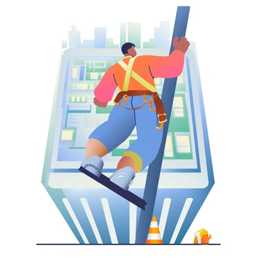 A construction worker with tan skin and short black hair is wearing a bright yellow safety harness while working on the steel beams of a high-rise building. He is dressed in a long-sleeve, orange shirt and sturdy blue jeans. The worker is carefully balancing as he holds onto a metal beam with his left hand, while his right hand is gripping a tool. Below him, a cityscape stretches out with other buildings in the background, and a clear blue sky overhead. Safety cones and equipment are placed around the construction area on the ground.