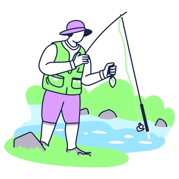 An experienced angler is standing by a calm river, attentively adjusting his bait on a fishing hook. He is wearing a fishing vest with several pockets filled with tackle, and a wide-brimmed hat to shield him from the sun. The riverbank is lined with green grass and a few scattered rocks. In the background, the clear sky is visible, providing a bright backdrop. The water reflects the surroundings, and a fishing rod is planted in the ground beside him, its line cast into the river.