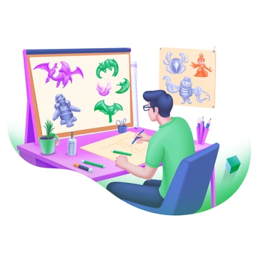 A character designer is sitting at a bright, organized workspace filled with art supplies. The designer, a person with glasses, is intently sketching on a large sheet of paper. Surrounding the designer are various sketches of fantasy creatures, including a dragon, an elf, and a whimsical troll, all featuring vibrant colors and unique designs. There are also illustrations of heroic characters, such as a knight with shining armor and a graceful sorceress casting a spell. The workspace is adorned with colorful concept art pinned to a corkboard and a small potted plant on the desk, adding to the creative atmosphere.