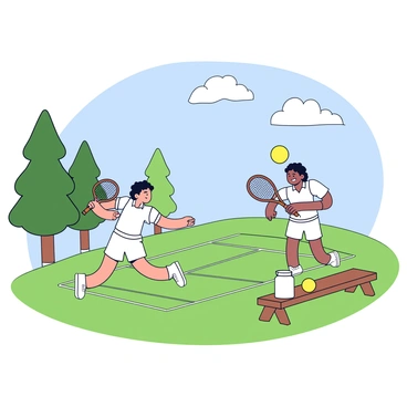 A vintage tennis court situated on lush green grass. Two players are engaged in a game, wearing classic white tennis outfits. One player is in mid-swing, holding a wooden racket, while the other is ready to return the ball. Nearby, a small wooden bench holds a water jug and a couple of tennis balls. In the background, tall trees provide shade, and a clear blue sky with a few fluffy clouds completes the scene.
