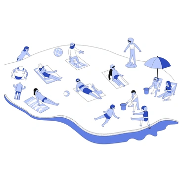 A beach scene is depicted with numerous people sunbathing on colorful beach towels. Some individuals are lying on their backs, while others are sitting up, wearing sun hats and sunglasses. A group of children is playing near the water's edge, building sandcastles with buckets and shovels. Nearby, a beach ball is being tossed among the kids. In the background, a few umbrellas are dotted along the shoreline, providing shade for those seeking relief from the sun. The ocean waves gently lap at the sand, completing the lively atmosphere.