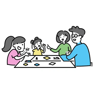 A family of four is gathered around a simple wooden table, playing board games together. The father, wearing a blue shirt and glasses, is laughing while he rolls a dice. The mother, dressed in a green sweater, reaches for a game piece with a smile. A young boy in a red t-shirt is excitedly pointing at the game board, and a girl with pigtails in a yellow dress is clapping her hands in joy. Various colorful game pieces and cards are spread out on the table, creating a lively atmosphere of celebration and togetherness.
