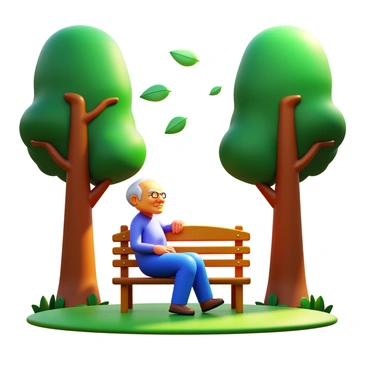 An elderly person sitting on a wooden bench, surrounded by tall, green trees. The trees have thick trunks and lush foliage, with some branches bending slightly as if they are leaning in to listen. The elderly person has a thoughtful expression, their eyes closed as they lean back, absorbing the environment. Sunlight filters through the leaves, creating dappled patterns on the ground. The scene conveys a sense of calm and connection, with leaves gently rustling, suggesting that the trees are communicating.