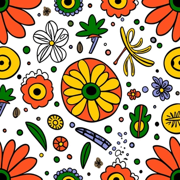 A vibrant pattern featuring traditional folk art elements inspired by Kerala's cultural motifs. The design includes intricate floral designs and geometric shapes in bright colors such as red, green, and yellow. Various symbols representing local heritage are scattered throughout the pattern, creating a lively and energetic composition. The background is filled with repeating patterns that enhance the richness of the artwork, showcasing the beauty and diversity of Kerala's cultural themes.