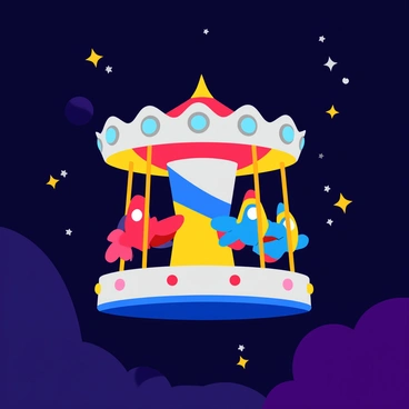 A futuristic carousel floating in the vastness of space. The carousel features vibrant colors, with a metallic structure that glimmers against the dark background of the cosmos. Rocket-shaped seats are attached to the carousel, each painted in bright hues of red, blue, and yellow. Stars twinkle around the carousel, providing a sense of depth and wonder. The carousel rotates slowly, with colorful lights illuminating the rocket seats, creating a whimsical atmosphere in the endless expanse of space.