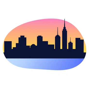 A city skyline is depicted as a silhouette against the dusky sky. The skyline features various building shapes, including tall skyscrapers and smaller structures, with antennas and rooftops creating an interesting profile. The sky transitions from deep orange to a darker blue near the top, signaling the onset of night. The lower part of the image shows the horizon line where the city meets the sky, creating a clear boundary between the silhouette and the colorful backdrop.