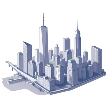 A city skyline filled with tall skyscrapers of varying designs, including some with angled rooftops and large glass windows. Several bridges span over water, connecting different parts of the city. The buildings are densely packed together, showing the vibrancy of urban life. Some skyscrapers feature rooftop gardens, while others have antennas and billboards. The scene is busy, with many shapes and structures contributing to the dynamic city atmosphere.