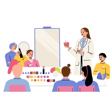 An esthetician standing in front of an eager audience while demonstrating a step-by-step makeup tutorial. The esthetician has long brown hair tied back in a neat bun and is wearing a white lab coat. She holds a makeup brush in one hand and a compact palette in the other. The audience consists of various individuals, attentively watching and taking notes. A large mirror is placed in front of the esthetician, reflecting her actions. Colorful makeup products like eyeshadows, lipsticks, and foundations are neatly arranged on a table beside her. Bright lights illuminate the scene, highlighting the details of the makeup application process.
