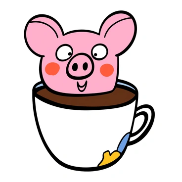 A cartoon pig face with big round eyes, a cute snout, and large floppy ears is popping out of a large coffee cup. The coffee cup is white with a colorful design on the side. The pig's cheeks are slightly blushing, and its expression is playful and cheerful. Brown coffee is visible in the cup, and the background is simple to keep the focus on the pig and the coffee cup.