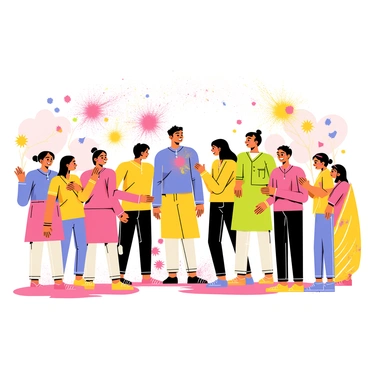 A vibrant scene of people joyfully throwing colored powders at each other during the Holi festival. Groups of individuals smile and laugh as they are covered in bright pink, yellow, green, and blue powders. Some people are wearing traditional clothing, such as kurtas and sarees, adorned with splashes of color. The air is filled with clouds of colorful powder, creating a festive atmosphere. In the background, there are trees and decorations that enhance the celebratory mood of the festival.