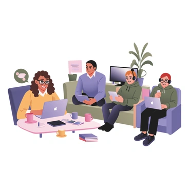 A digital flat illustration depicting a diverse group of individuals participating in a webinar from their own devices. On the left, a woman with curly brown hair and glasses is sitting at a desk with a laptop, wearing a yellow sweater. Next to her, a man with short black hair and a blue shirt is using a tablet, sitting comfortably on a sofa. In the center, there is a person with long straight black hair wearing a headset, engaged on a desktop computer, and surrounded by books. To the right, a smiling person with short red hair and wearing a green hoodie is joining the webinar on a smartphone while leaning against a wall. Each individual has various elements around them, such as coffee cups, notebooks, and plants, creating a lively atmosphere.