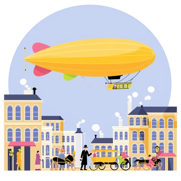 A large steam-powered airship with a brass hull and multiple propellers glides smoothly through the sky. The airship features large, colorful balloons that help it stay aloft. Below, bustling Victorian-era streets are filled with horse-drawn carriages and elegantly dressed pedestrians. Buildings with ornate facades and gas lamps line the streets. Smoke billows from chimneys, adding a sense of activity to the scene. In the background, a clear blue sky creates a vivid contrast against the earthy tones of the city below.
