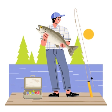 An angler wearing a blue baseball cap and a plaid shirt is standing on a weathered wooden dock. The angler is holding a freshly caught walleye, which has shimmering silver scales and bright yellow eyes. The sun is shining, casting a warm glow on the scene. In the background, there is a calm lake with gentle ripples, and a few tall green trees lining the shore. A fishing rod rests against the dock beside the angler, and a tackle box is open nearby, revealing colorful lures.