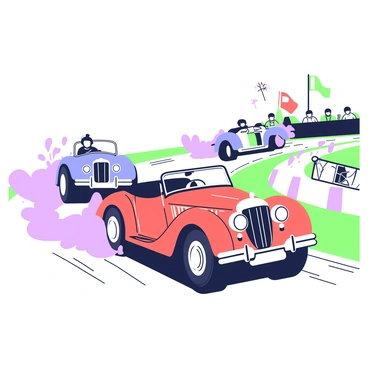 A classic car race is taking place on a winding track. Several vintage cars, including a red sports car and a blue convertible, are competing fiercely. The red sports car is positioned in the foreground, with its front angled toward the viewer, showcasing its streamlined shape and shiny chrome details. Dust is kicked up from the tires, creating a cloud behind the cars, while speed lines are visible all around, emphasizing their rapid movement. In the background, spectators are watching from the sidelines, and flags are waving, adding to the excitement of the race.