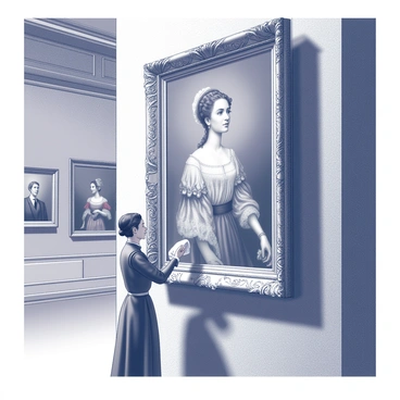 A servant in period attire is gently dusting a large, ornate portrait that hangs prominently in a historical gallery. The servant is using a soft cloth, maintaining a focused expression. The portrait features an elegant figure dressed in elaborate clothing, with intricate details in the frame surrounding it. The gallery has high ceilings adorned with decorative molding and several other portraits lining the walls. Dim lighting creates a subdued atmosphere, highlighting the textures of the portrait and the servant's careful movements.