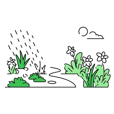 A garden divided into two distinct sections, showcasing contrasting weather conditions. On the left side, raindrops are visibly falling onto lush green plants and flowers, creating small puddles on the ground. The plants appear vibrant and glistening under the rain. On the right side, sunlight bathes the garden in brightness, illuminating blooming flowers with open petals and green leaves. A clear sky is above the sunny side, further enhancing the peaceful atmosphere. The two sides are separated by a pathway, which runs down the middle of the garden, inviting viewers to explore both contrasting experiences.