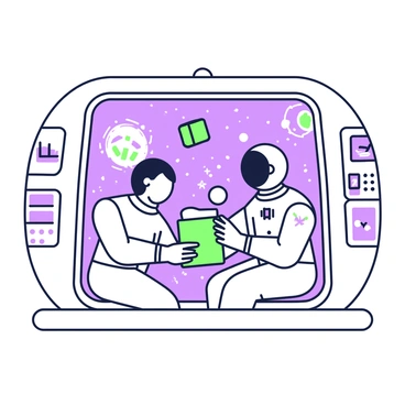 A group of astronauts is inside a spacecraft, engaged in a zero-gravity experiment. Two astronauts are positioned in the center, one is holding a small green box while the other is observing several floating objects around them. These objects include a purple sphere, a green cube, and a purple cylinder, all gently drifting in the cabin. There are transparent screens displaying data and charts mounted on the walls. A large window reveals a view of the stars outside, with Earth visible in the distance. The astronauts wear standard space suits, each with a helmet, and their expressions show concentration and curiosity as they conduct the experiment.