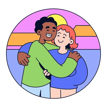 Two friends are embracing each other warmly. They are standing together, with one friend on the left wearing a green shirt and the other on the right wearing a blue shirt. The sky behind them displays a vibrant sunset with shades of orange, pink, and purple. The horizon is clear, and the sun is partially visible just above it. The friends' expressions show joy and affection as they share this moment. The scene is simple, emphasizing their connection against the colorful backdrop of the sunset.