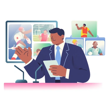 An anchor with short black hair and wearing a navy blue suit is seated at a sports news desk. The anchor is holding a tablet in their right hand while gesturing with their left hand as if explaining a point. Behind the anchor, there are iconic images from historic games displayed, including a famous football play, a basketball slam dunk, and a soccer goal celebration. Each image is framed well, capturing the excitement of the events. The desk is polished wood, and there are microphones positioned in front of the anchor. Soft lighting illuminates the scene, enhancing the focus on the anchor and the images behind them.