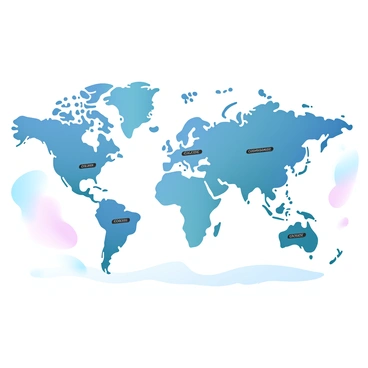A flashcard displays a world map with clearly defined continents. Each continent is labeled in bold letters with contrasting colors for visibility. The oceans surrounding the continents are filled with a gradient of pastel blues. In the background, there are soft pastel shades that create a harmonious and inviting atmosphere. The continents are in varying pastel colors, enhancing the visual appeal while maintaining clarity of the labels.