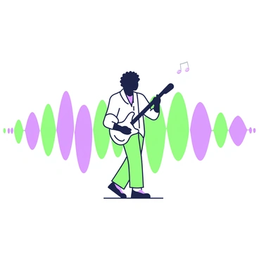 A series of sound waves are illustrated in a flowing pattern, creating the silhouette of a famous musician. The waves undulate gently, forming the outline of the musician's distinct hairstyle and posture. In the center, the waves peak and dip rhythmically, suggesting the energy of music. The silhouette captures the musician holding an instrument, adding dynamism to the visual. The background remains simple, allowing the sound waves and silhouette to stand out prominently.