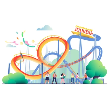 A vibrant theme park scene features twin rollercoaster tracks winding through the landscape. The first track, labeled "Double," is painted in bright yellow and red colors, showcasing two parallel loops that twist and turn high above the ground. The second track, named "Jeopardy," is designed in deep blue and orange hues, featuring steep drops and sharp turns. Below the rollercoasters, excited visitors are seen cheering and taking photos, while others stand in line, eagerly anticipating their ride. Lush green trees surround the area, and colorful flags flutter in the gentle breeze overhead, adding to the festive atmosphere.