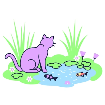 An outline illustration features a cat sitting next to a pond. The cat is facing the water, its body in a relaxed posture as it observes the colorful fish swimming beneath the surface. Surrounding the pond, there are several lily pads scattered with small flowers. In the background, there are tall grass blades swaying gently, adding to the serene environment. The reflection of the cat and the fish can be seen in the smooth water, enhancing the overall composition of the scene.