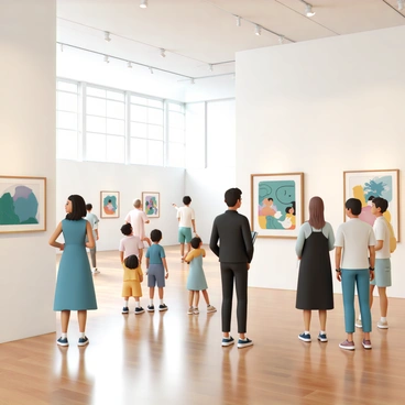 A spacious art gallery with high ceilings and polished wooden floors. On the walls, there are vibrant, colorful illustrations in various frames, showcasing different styles and themes. A diverse group of visitors is scattered throughout the gallery, some standing close to the artwork while others are discussing in small groups. A woman, wearing a blue dress, is admiring a large abstract piece, while a man in a black jacket takes notes beside him. In the background, a family with children points at a bright illustration, their faces showing curiosity and excitement. Natural light streams in through large windows, illuminating the artworks and creating an inviting atmosphere.
