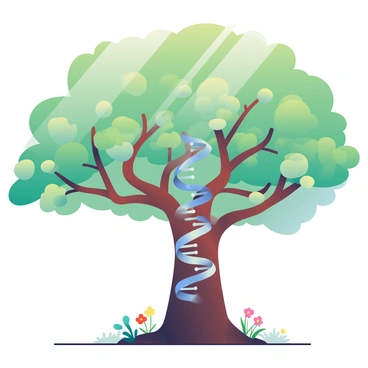 A large tree is at the center of the image, with a thick trunk supporting a vast canopy of leaves. The branches of the tree twist and turn, distinctly resembling intertwined DNA helices that spiral upward. These branches are adorned with lush green leaves that filter soft sunlight. The roots of the tree also twist and coil, mirroring the structure of DNA, as they extend into the rich, dark soil. Surrounding the base of the tree, small patches of grass and colorful wildflowers add texture to the ground. The overall scene captures the intricate connection between nature and the fundamental building blocks of life.