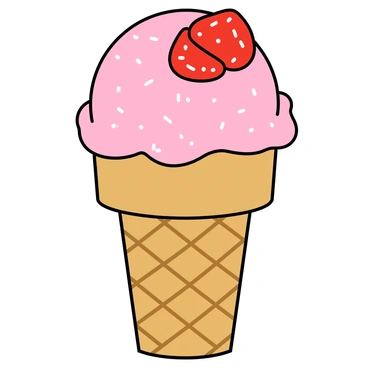 A large scoop of pink strawberry ice cream sits atop a crisp, golden-brown waffle cone. The ice cream is smooth and creamy, with a few vibrant red strawberry slices arranged artfully on top. The cone has a textured pattern, showing the traditional waffle design. A sprinkle of small white sugar crystals adorns the ice cream, adding a touch of sweetness. The background is a soft pastel color, enhancing the overall playful and appetizing appearance of the ice cream treat.