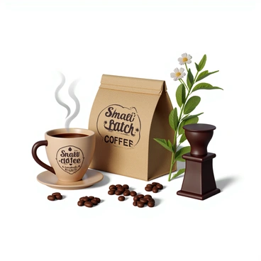 A collection of hand-drawn elements representing a small-batch coffee brand. This includes an intricately designed coffee cup with steam rising from it, a burlap coffee bag with "Small-Batch Coffee" written in a stylish font, and a vintage coffee grinder. There are scattered coffee beans around the scene and a sprig of coffee plant leaves with flowers. The overall arrangement is inviting and emphasizes the artisanal nature of the coffee brand.