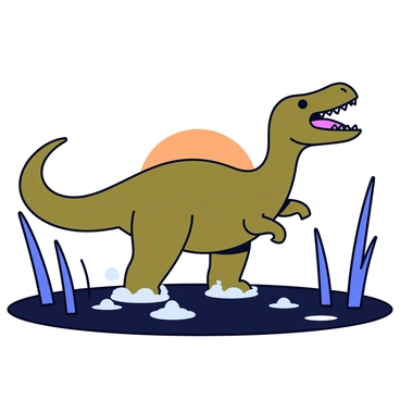 A ceratosaurus with a greenish-brown skin texture stands in a misty swamp. Its large mouth is open wide, showcasing sharp teeth as it lets out a loud roar. The surrounding environment features tall, thin grass and dark, murky water reflecting a soft orange hue of the dawn sky. Wisps of mist curl around the dinosaur's feet, enhancing the mysterious atmosphere of the scene.