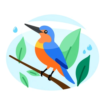 A kingfisher perched on a slender branch, its feathers glistening in vibrant shades of blue and orange. The bird is illuminated by a focused beam of sunlight that creates a shimmering effect on its plumage, making it appear jewel-like. The background features soft, blurred foliage with shades of green, complementing the vivid colors of the kingfisher. A few droplets of water can be seen on the leaves nearby, reflecting the light.