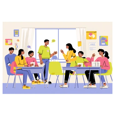 A high school language classroom filled with students actively engaged in practicing speaking a foreign language. The room is decorated with colorful posters featuring vocabulary words and cultural images related to the language being studied. A teacher stands at the front, encouraging students with a friendly expression. Several students are in pairs, facing each other and practicing dialogue, while others are seated at desks with notebooks open, writing down new phrases. One student raises their hand to ask a question, displaying enthusiasm. A large window lets in natural light, illuminating the scene.