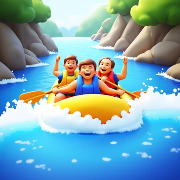 A group of friends in colorful life jackets is whitewater rafting. They are paddling energetically as they navigate through turbulent waves of frothy white water. The raft is a bright yellow color, and the friends are smiling and shouting, demonstrating excitement and teamwork. The surrounding landscape features rocky cliffs and lush greenery, contrasting with the rushing river beneath them. Sunlight reflects off the water, creating sparkling highlights on the waves.