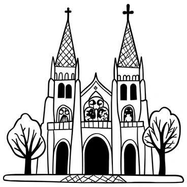 An architectural view of "Christ Church Cathedral" showcasing its intricate structure. The towering spires rise majestically against the sky. "Stained glass windows" display detailed patterns and vibrant scenes, framed by ornate stone work. The entrance features large wooden doors, with decorative carvings on either side. Surrounding the cathedral, there are trees with flowing branches and a cobblestone pathway leading up to the entry.