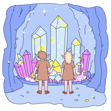 A group of three elves stands in an underground cavern, their long, pointed ears and delicate features visible. The elves are wearing simple tunics in earthy tones. They gaze in awe at large glittering crystals that reflect light in various colors. The crystals are jagged and towering, some reaching up to the cavern ceiling, while others are smaller and clustered on the ground. The cavern walls are textured with rugged stone, and a soft glow emanates from the crystals, illuminating the scene. The floor is uneven and scattered with small stones and pebbles.