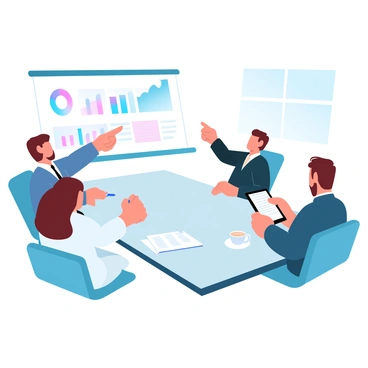 A group of three professionals is seated around a conference table. One professional is pointing at a large presentation screen that displays several colorful charts and graphs. Another professional is taking notes on a notepad, while the third is looking at a tablet. There are folders and pens neatly arranged on the table, and a cup of coffee sits in front of one of the professionals. The environment is bright with natural light streaming in through large windows.