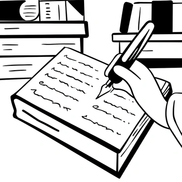 A close-up view of an author's hand gripping a fountain pen, poised above an open book. The book's pages are filled with neatly written words, and the ink from the pen is glistening as it makes contact with the paper. The author's hand appears steady and deliberate, with the wrist positioned comfortably on the book. In the background, there are stacks of other books, lending context to the setting of a cozy writing area. The entire scene is captured in black and white, emphasizing the details of the hand and the textures of the book.